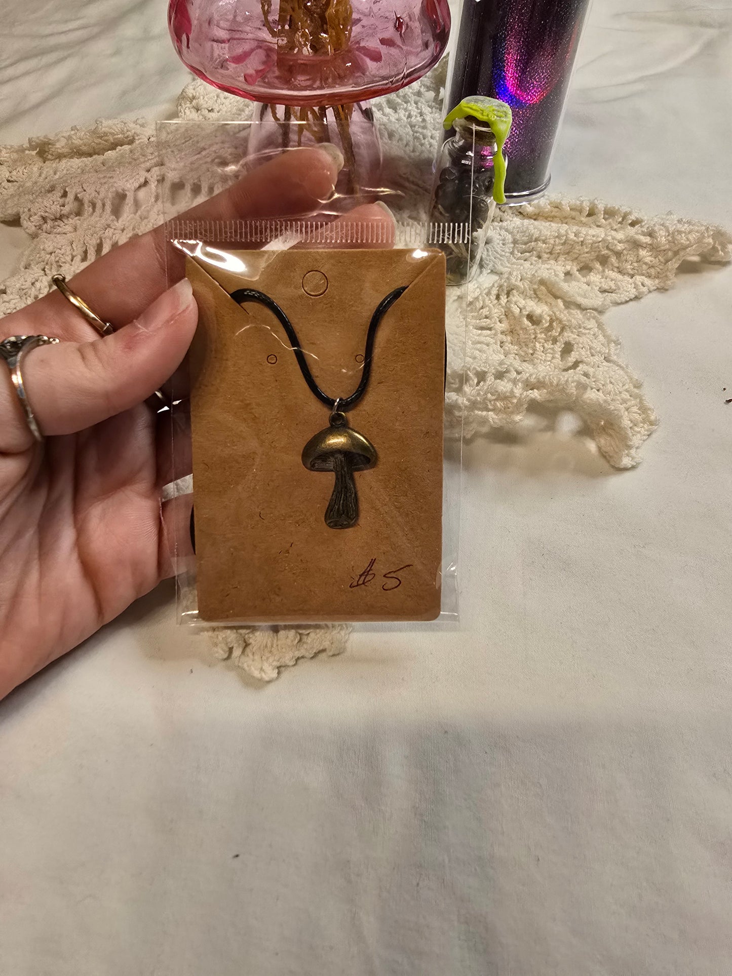 Tall Mushroom Necklace Old Gold