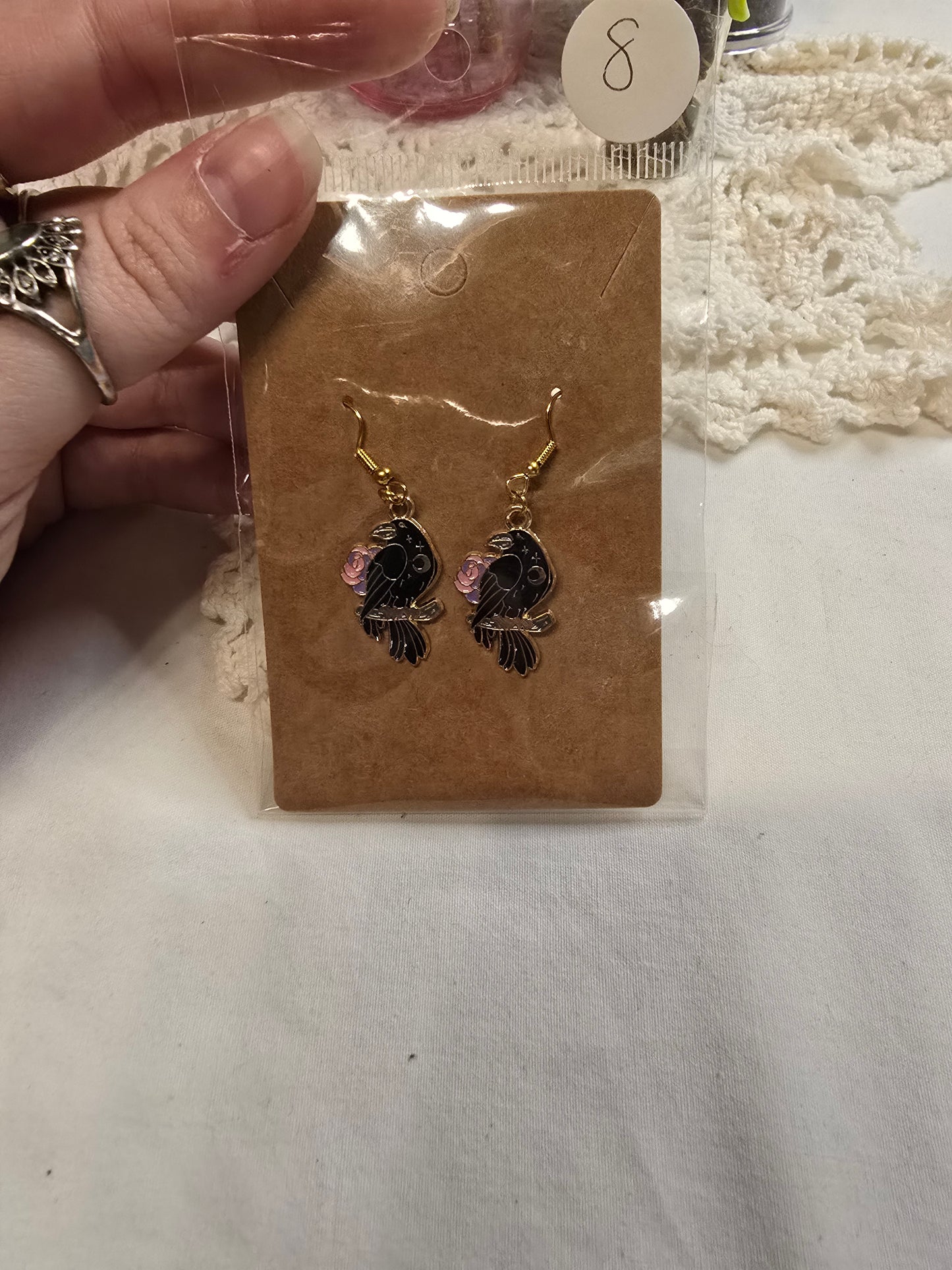 Crow with Rose Charm Earrings
