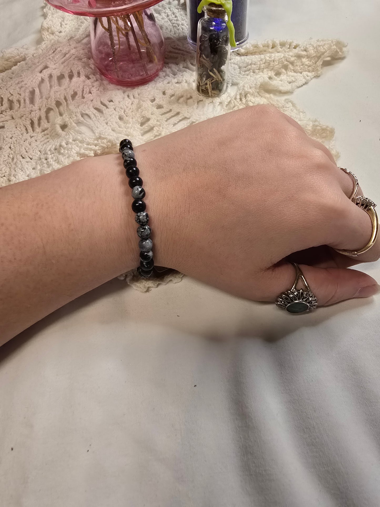 6mm Snowflake Obsidian Bracelet