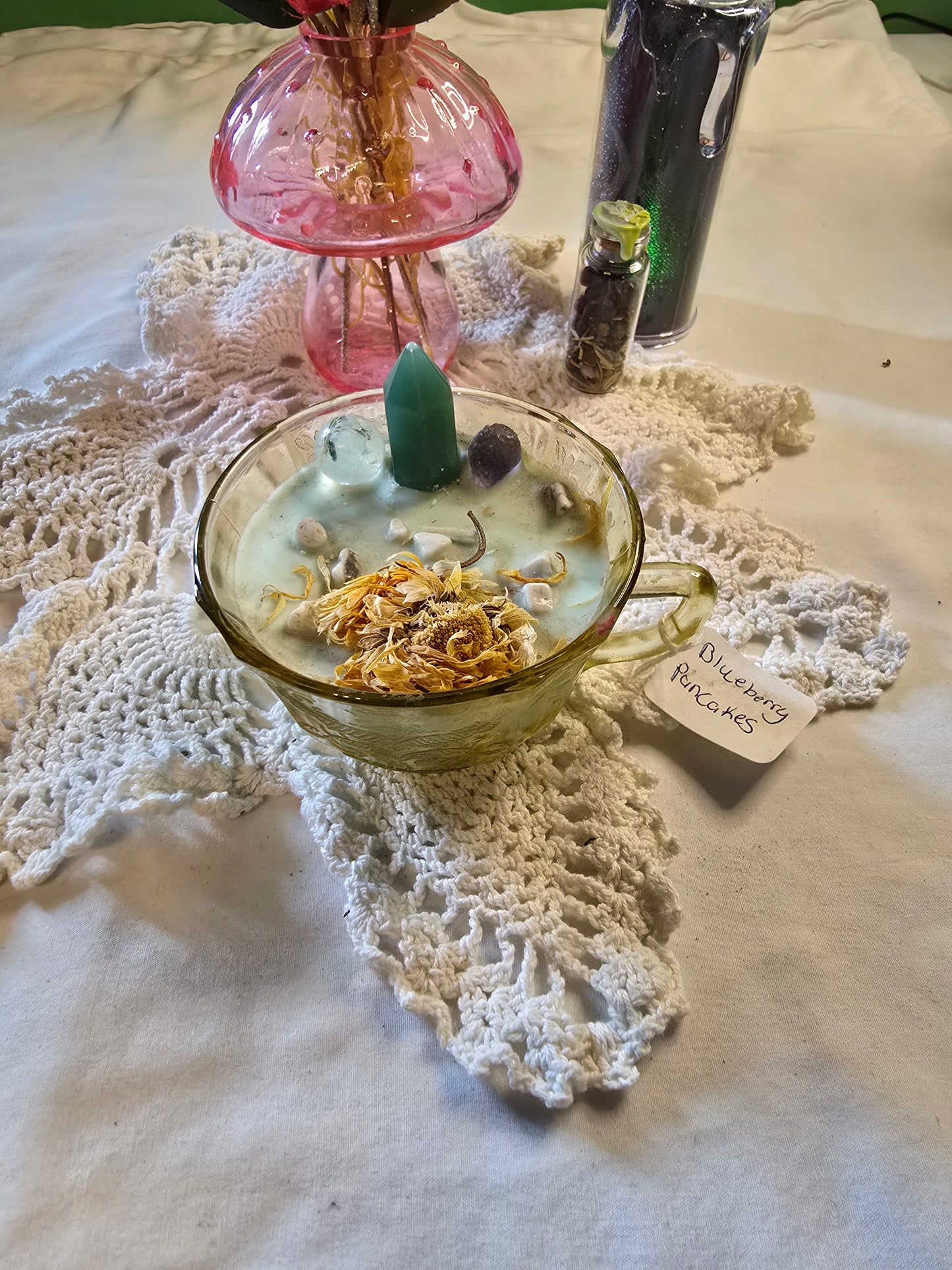 Yellow Glass Tea Cup Blueberry Pancakes