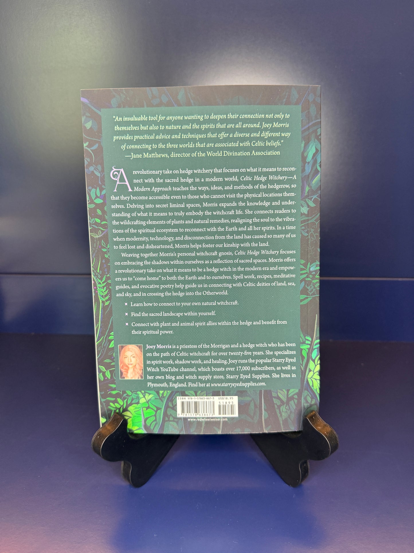 Book cover with text and design on a stand against a blue background