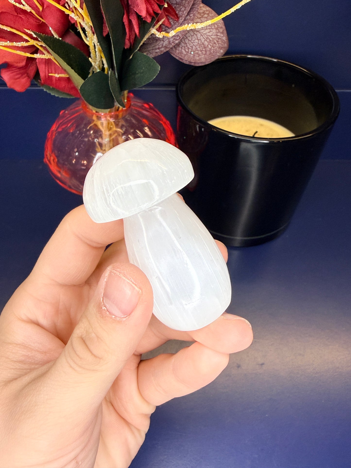Hand holding a white selenite mushroom in front of red flowers and black candle jar on a blue background