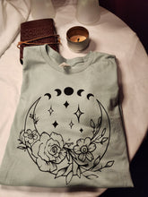 Load image into Gallery viewer, Crescent Moon with Flowers and Moon Phases Tshirt
