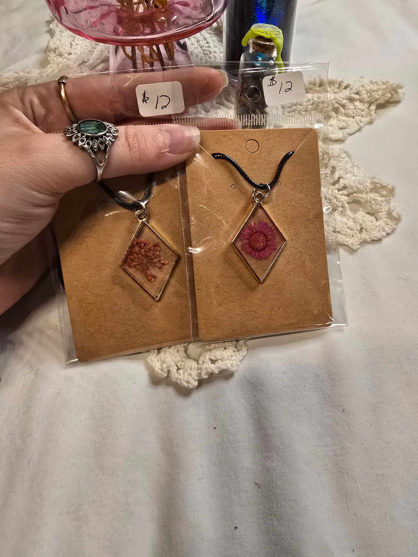 Resin Pressed Flower Necklace Small Diamond