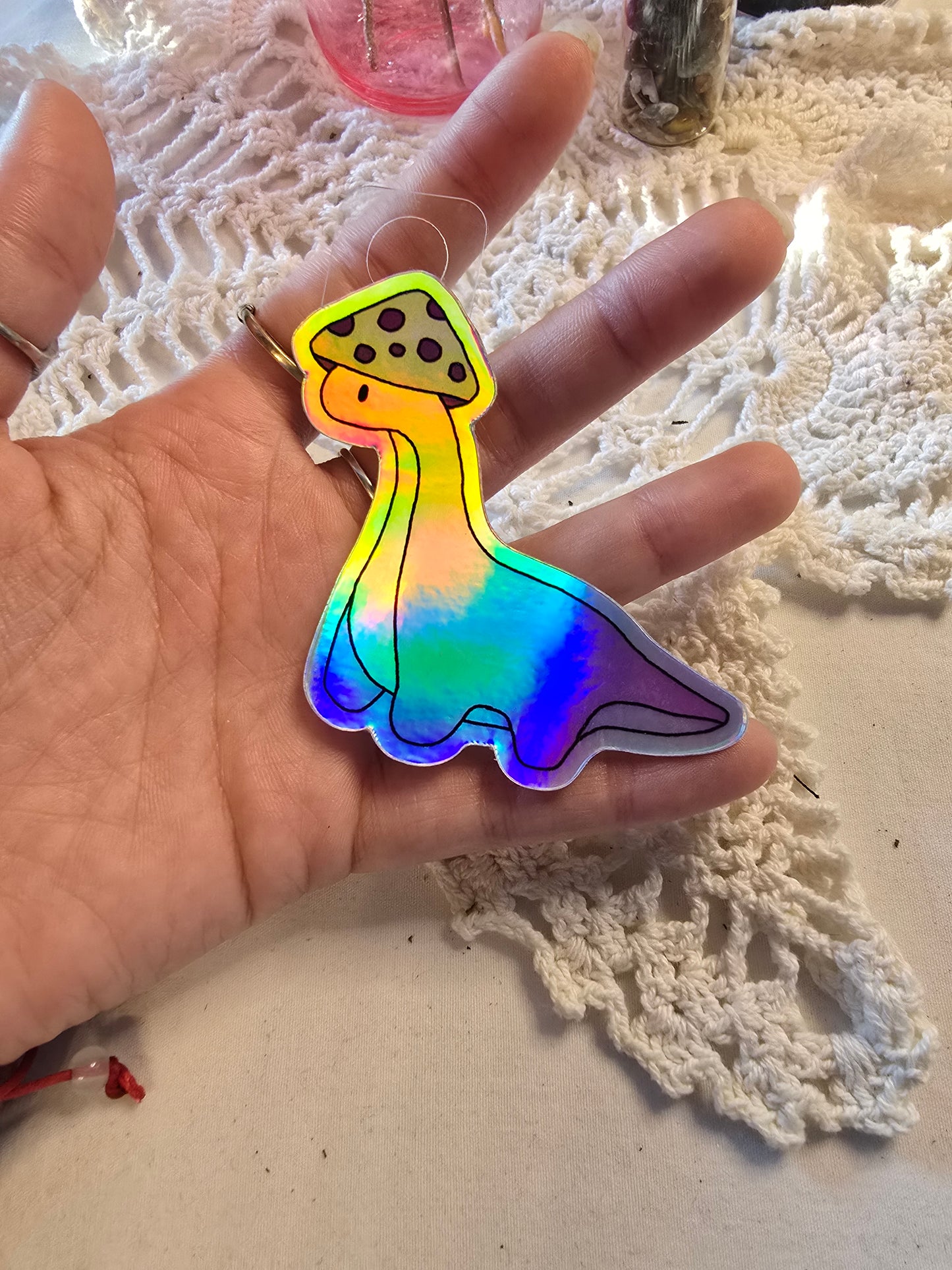 Dino with Mushie Hat Sticker Holographic