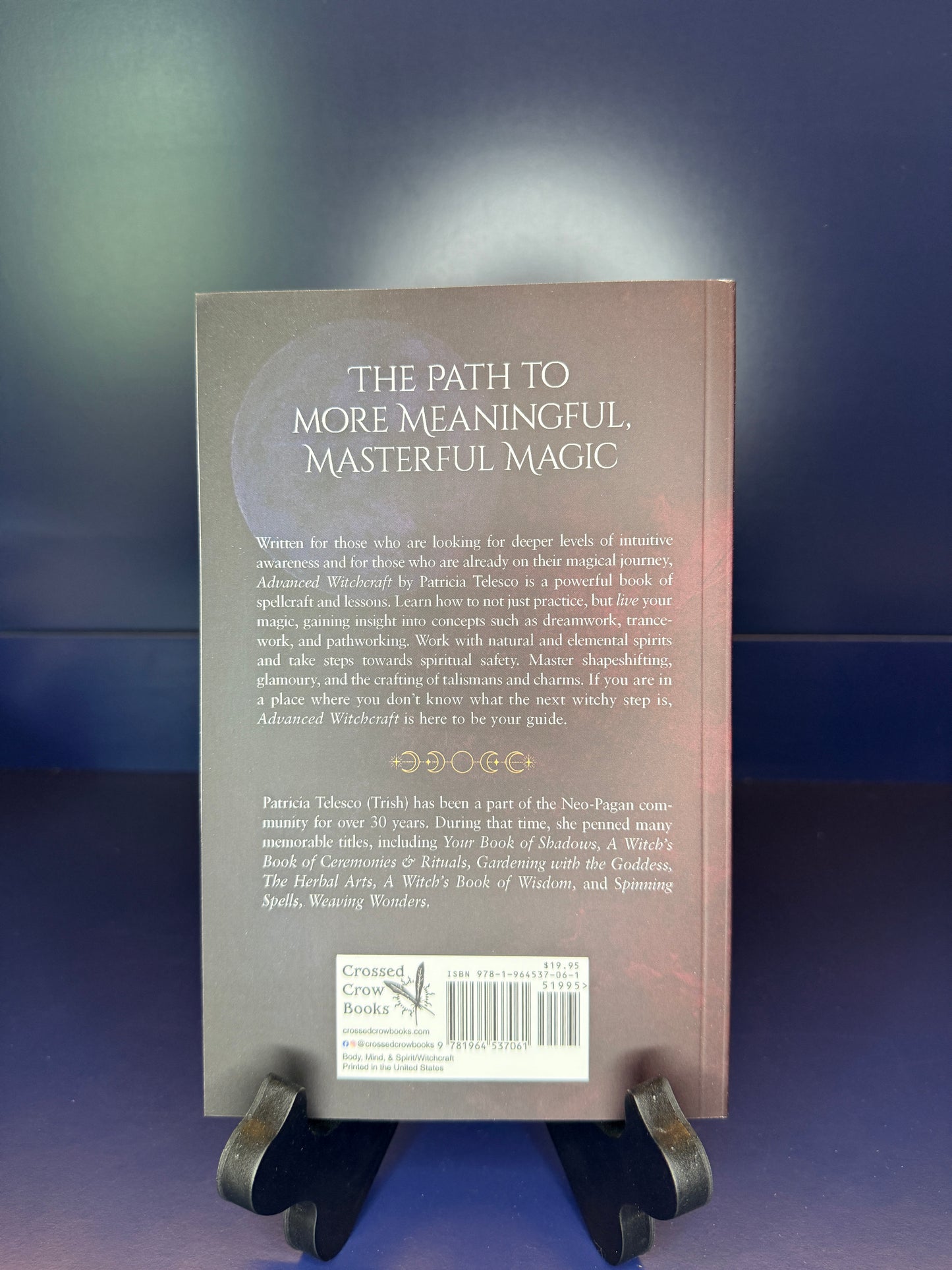 Back cover of a book with text and a barcode on a blue background
