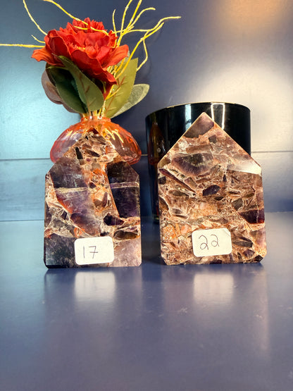 Two Purple and amber alien amethyst freeforms with intricate patterns sitting in front of a red flower and black jar