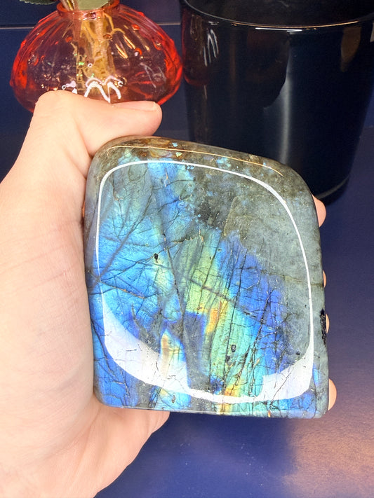 Hand holding a colorful blue flashing labradorite freeform in front of a mushroom vase and black jar