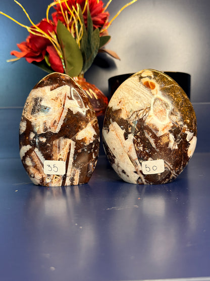Two white and red breche agate freeforms in front of a red flower on a blue background