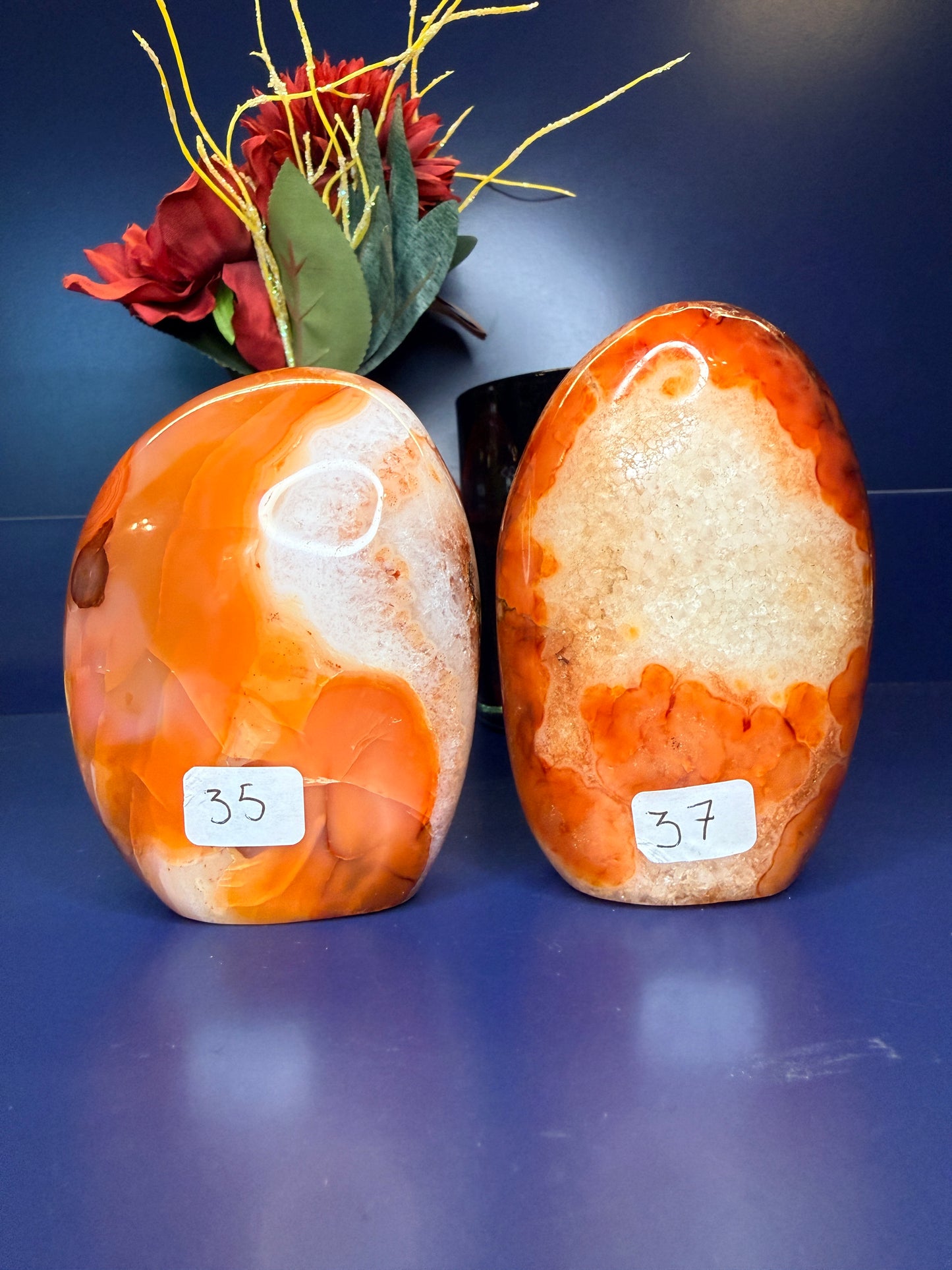 Two orange, red, and white marbled carnelian freeforms with numbered labels in front of a red flower on a blue background