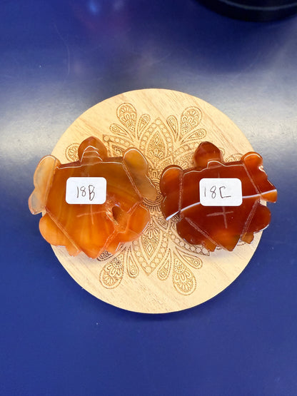 Two red carnelian turtles sitting on a decorative wooden coaster on a blue background