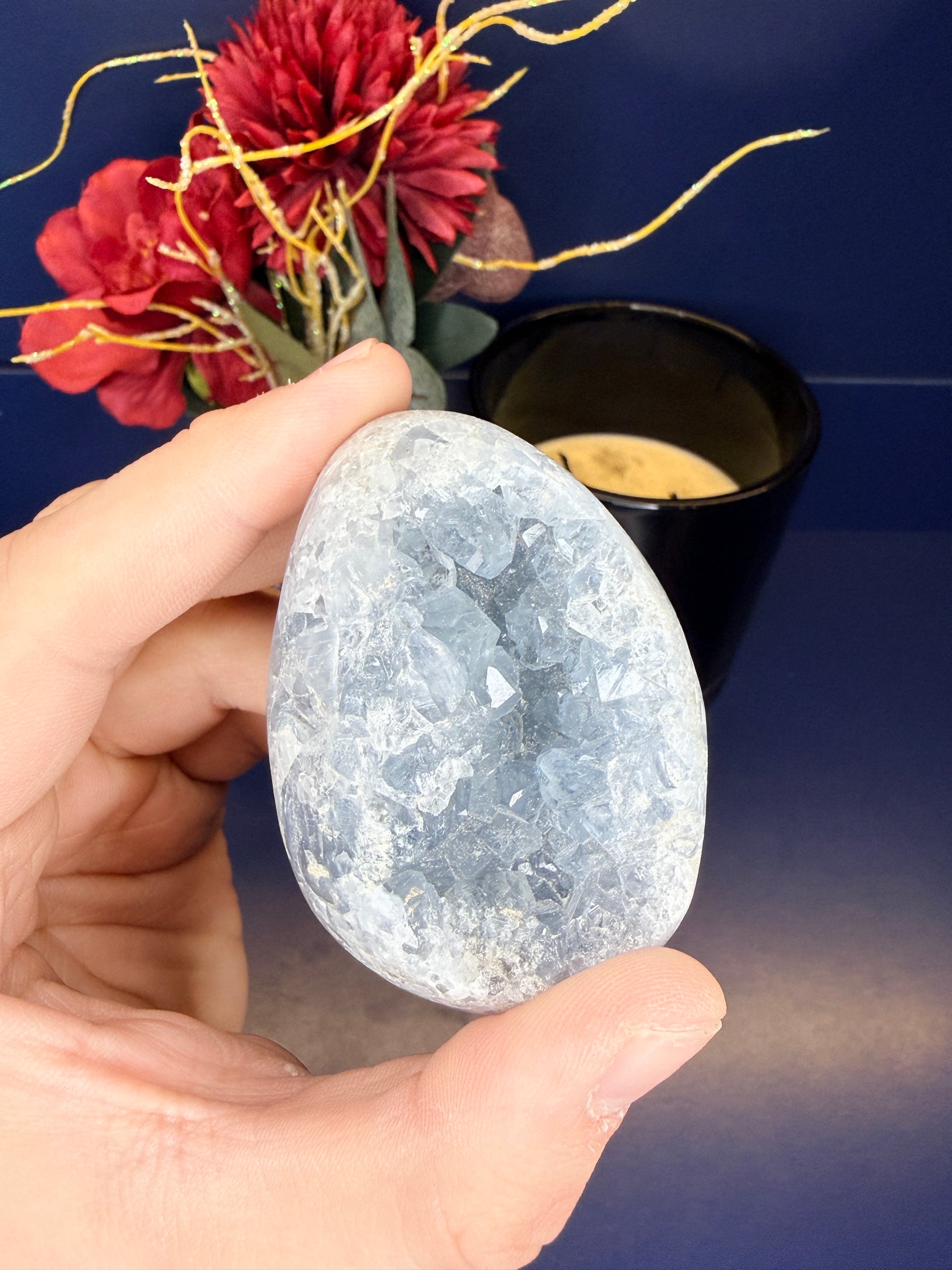 Hand holding a blue and white celestite egg in front of red flowers and black jar on a blue background