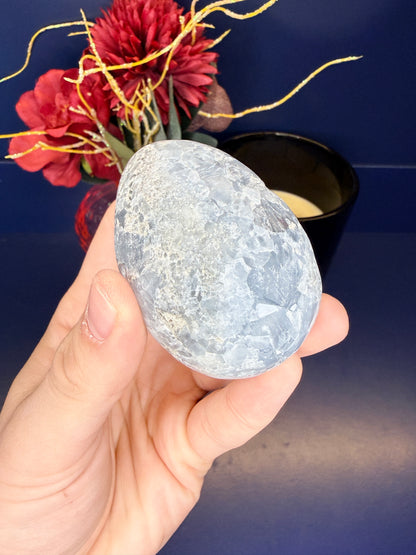 Hand holding a blue and white celestite egg in front of red flowers and black jar on a blue background