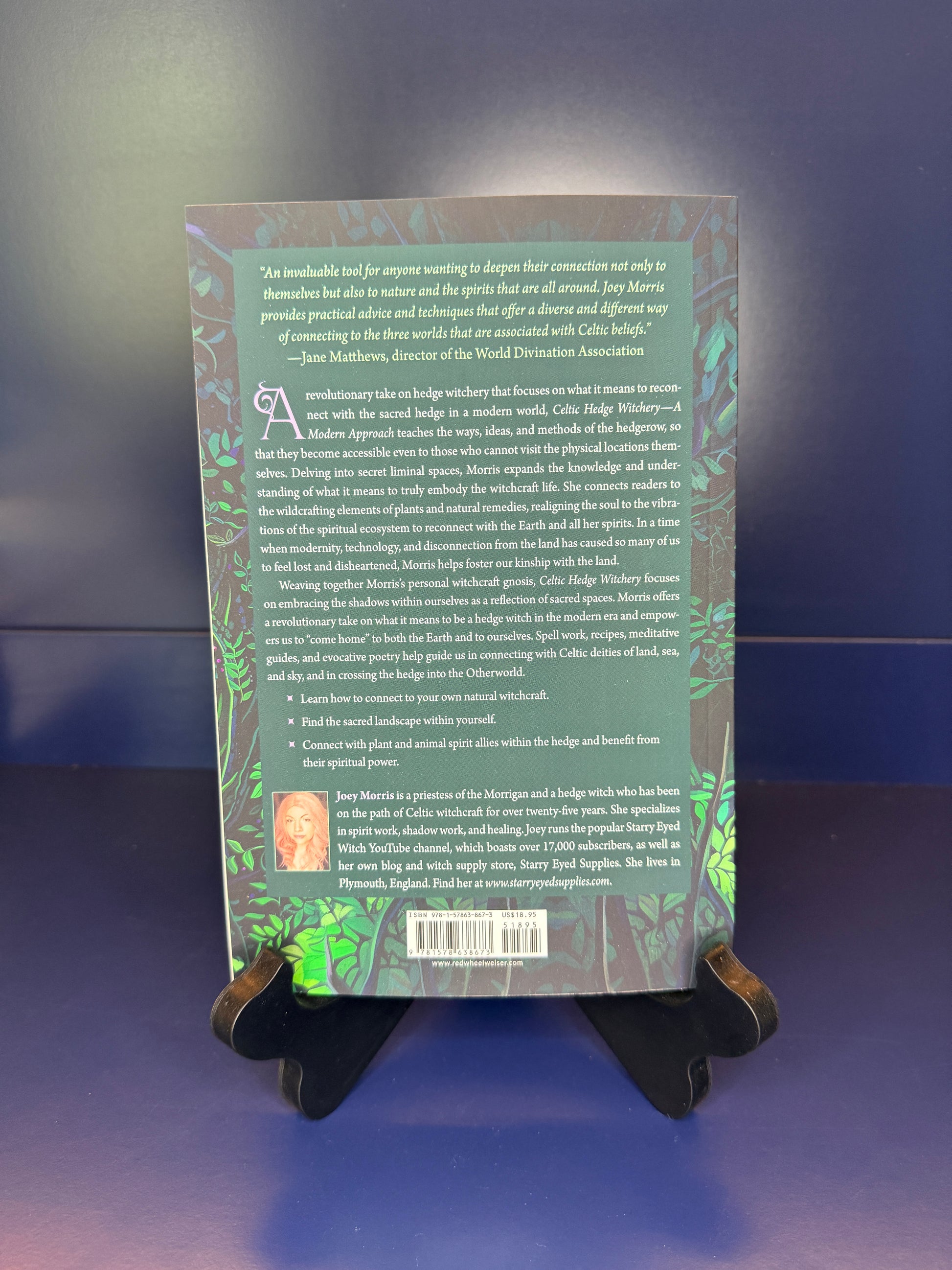 Book cover with text and design on a stand against a blue background