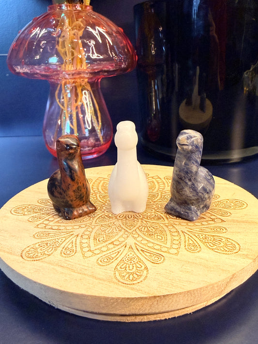 Three crystal dinos sitting on a decorative wooden coaster in front of a glass mushroom and black jar