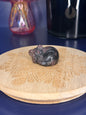 black and red garnet cat carving in front of a pink vase and black jar on a wooden coaster against a blue background