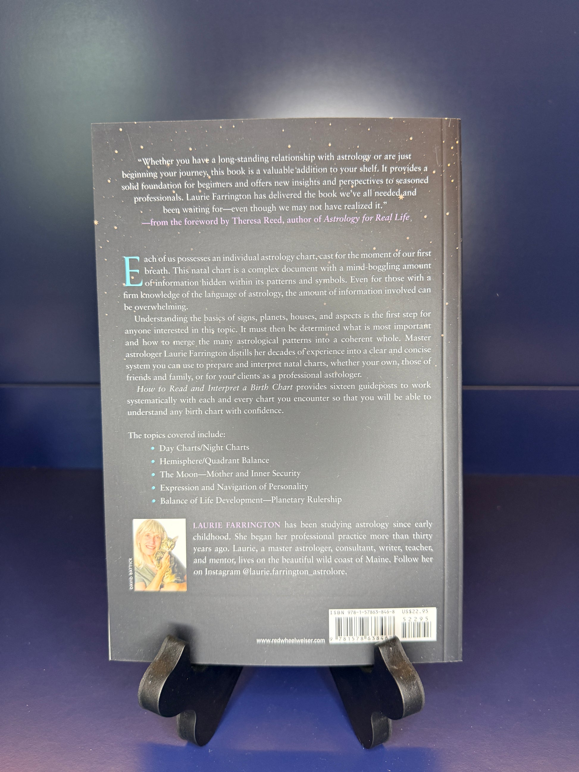 Book back cover with text and a small image on a stand against a dark background