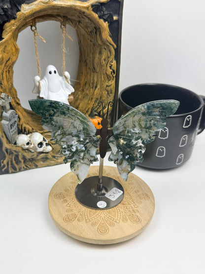 Moss Agate Butterfly Wings on Stand
