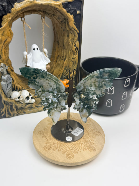 Moss Agate Butterfly Wings on Stand
