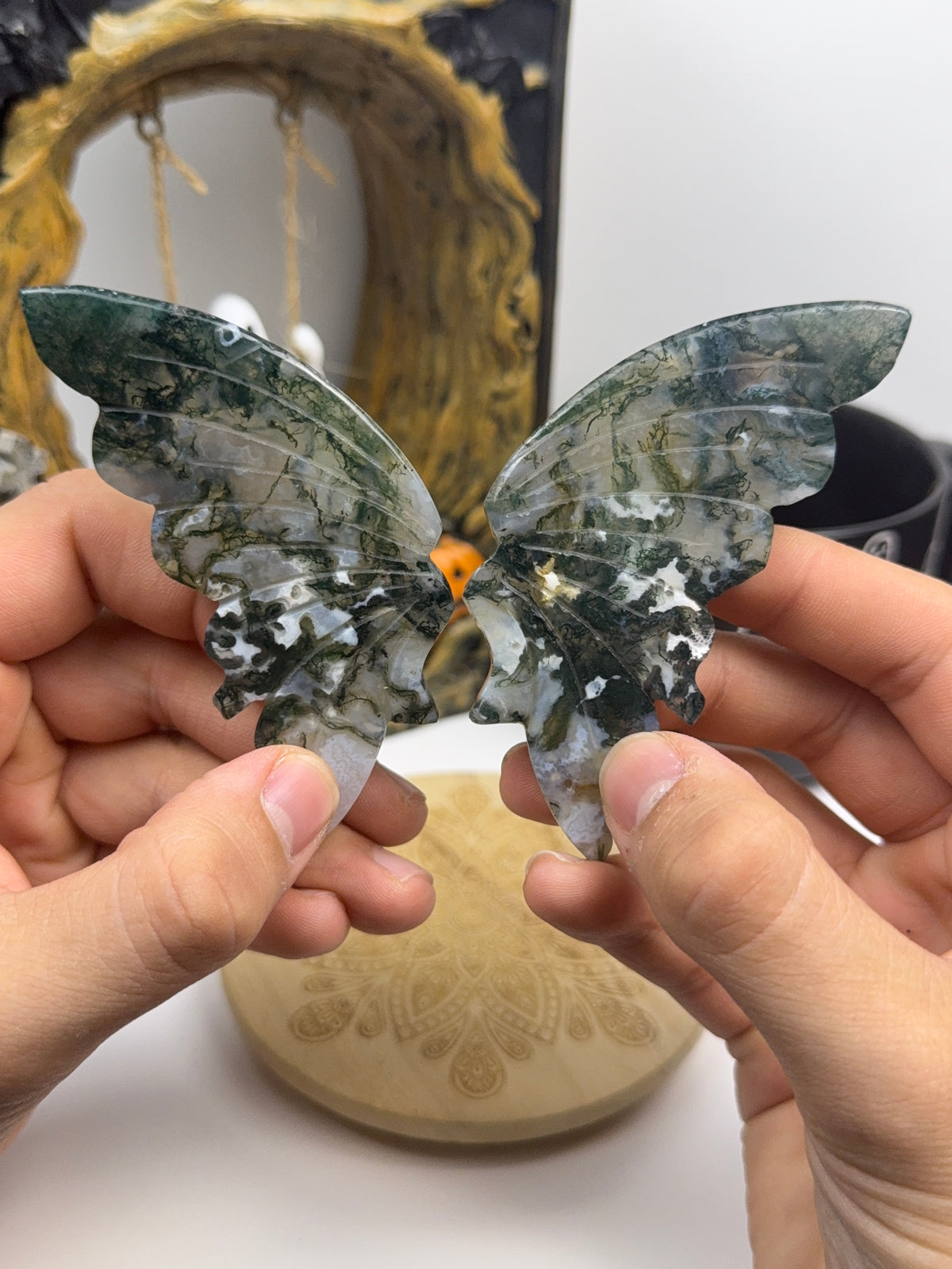 Moss Agate Butterfly Wings on Stand