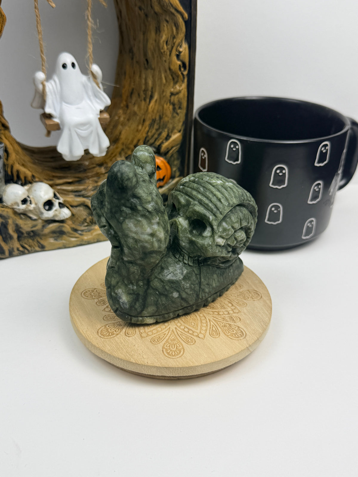 Serpentine Skull Snail Statue