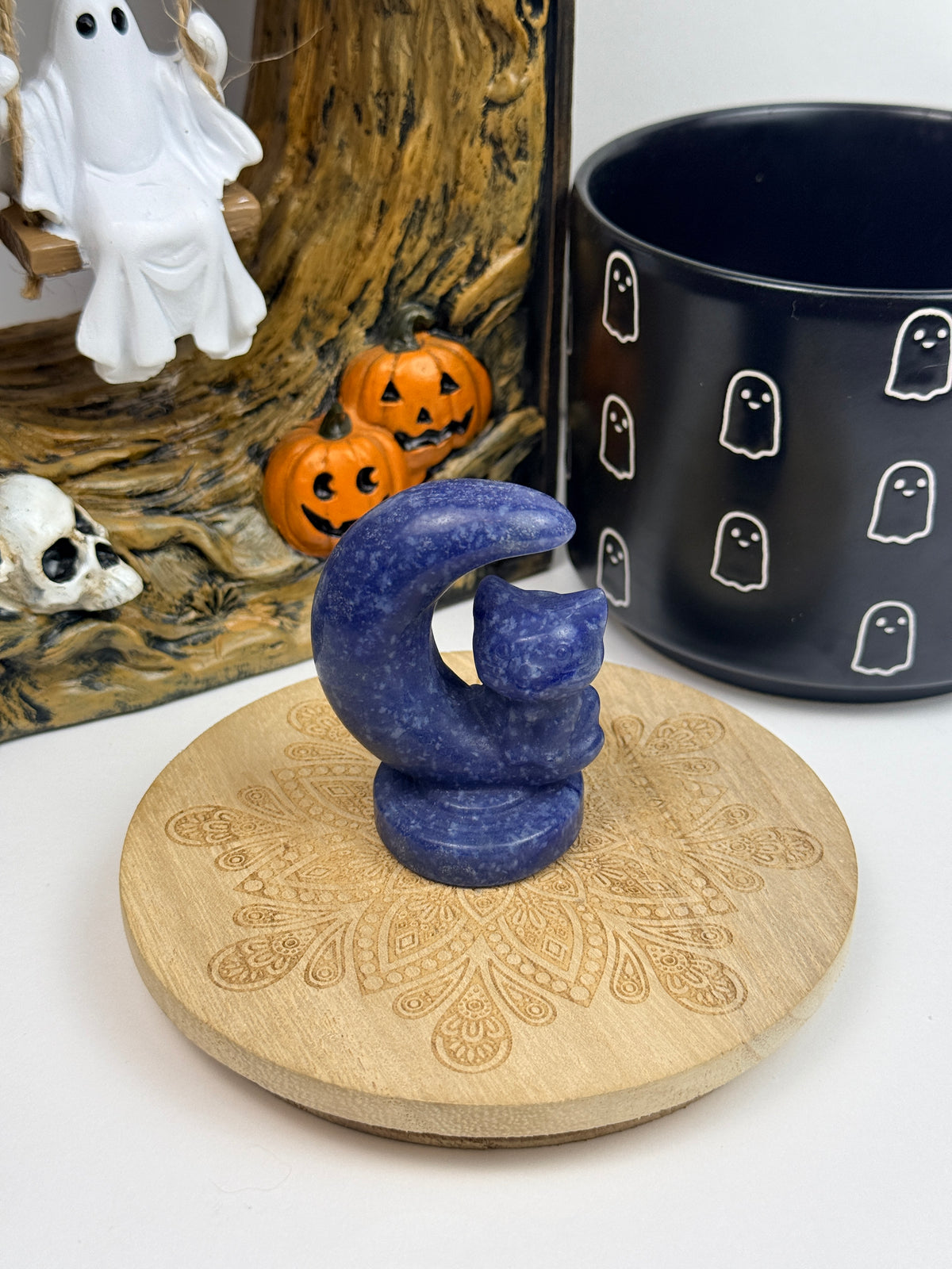 Blue Quartz Cat on the Moon Carving
