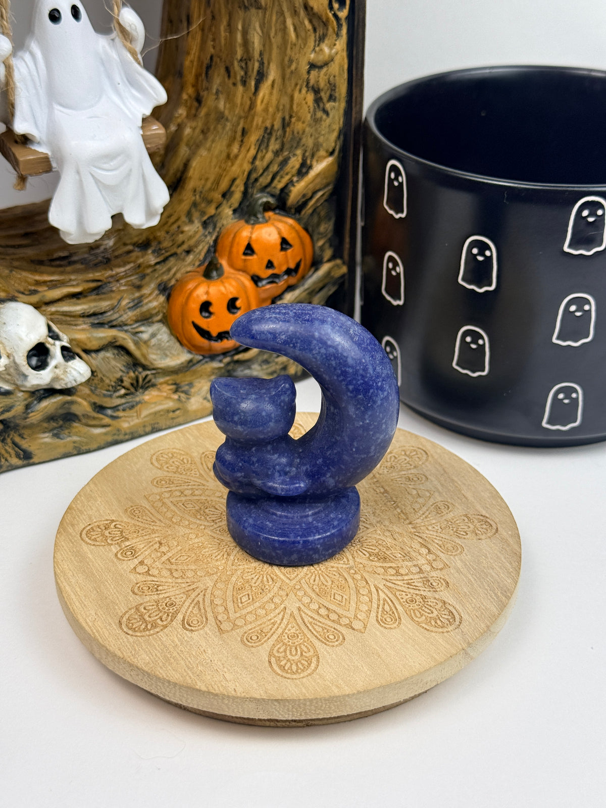 Blue Quartz Cat on the Moon Carving