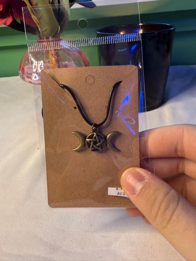 Pentacle and Moon Bronze Charm Necklace