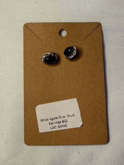 Moss Agate Oval Stud Earrings