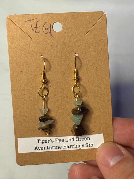 Tiger's Eye and Green Aventurine Chip Earrings