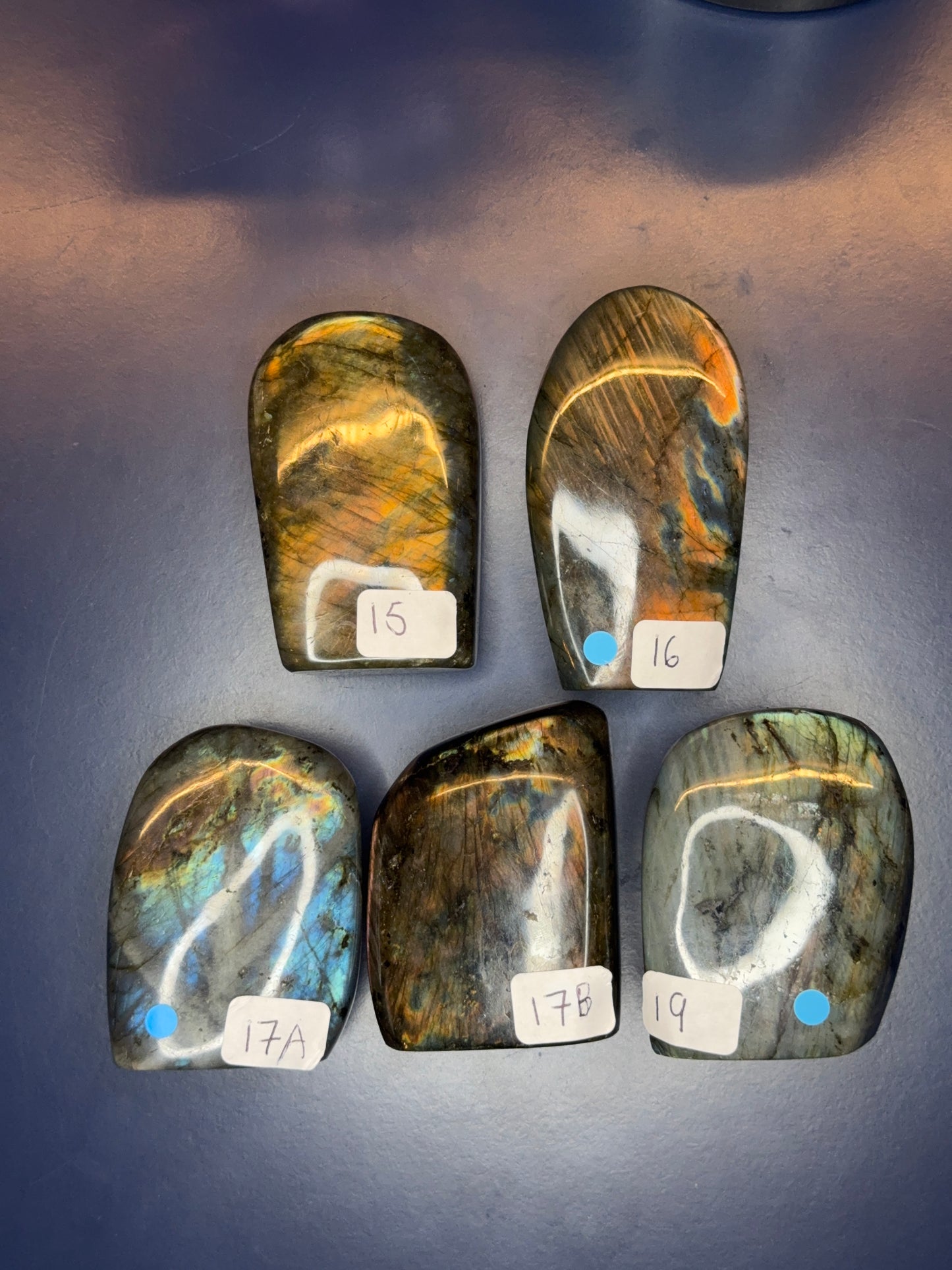 Five grey labradorite free forms with blue and orange flash and numbered labels on a blue background