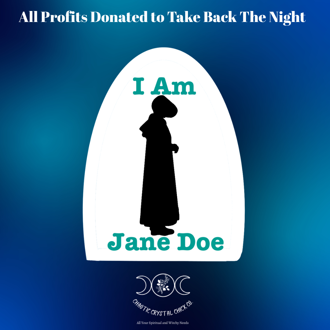 A square graphic design with a blue gradient background and a white arched shape in the center. Inside the arch is a black silhouette of a woman in a long dress, with the words 'I Am Jane Doe' in teal.