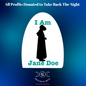 A square graphic design with a blue gradient background and a white arched shape in the center. Inside the arch is a black silhouette of a woman in a long dress, with the words 'I Am Jane Doe' in teal.