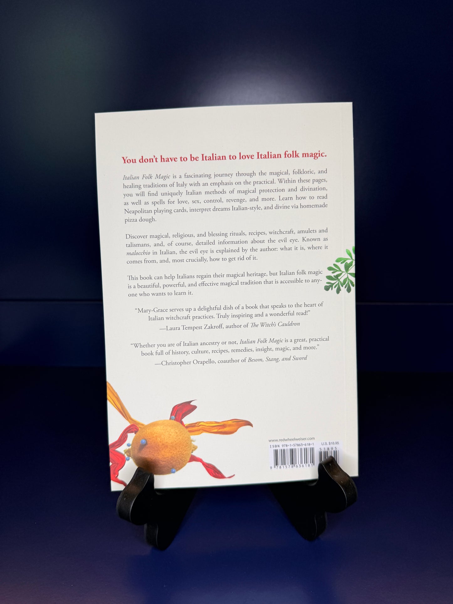 White book back cover with text and an orange illustration on a dark background
