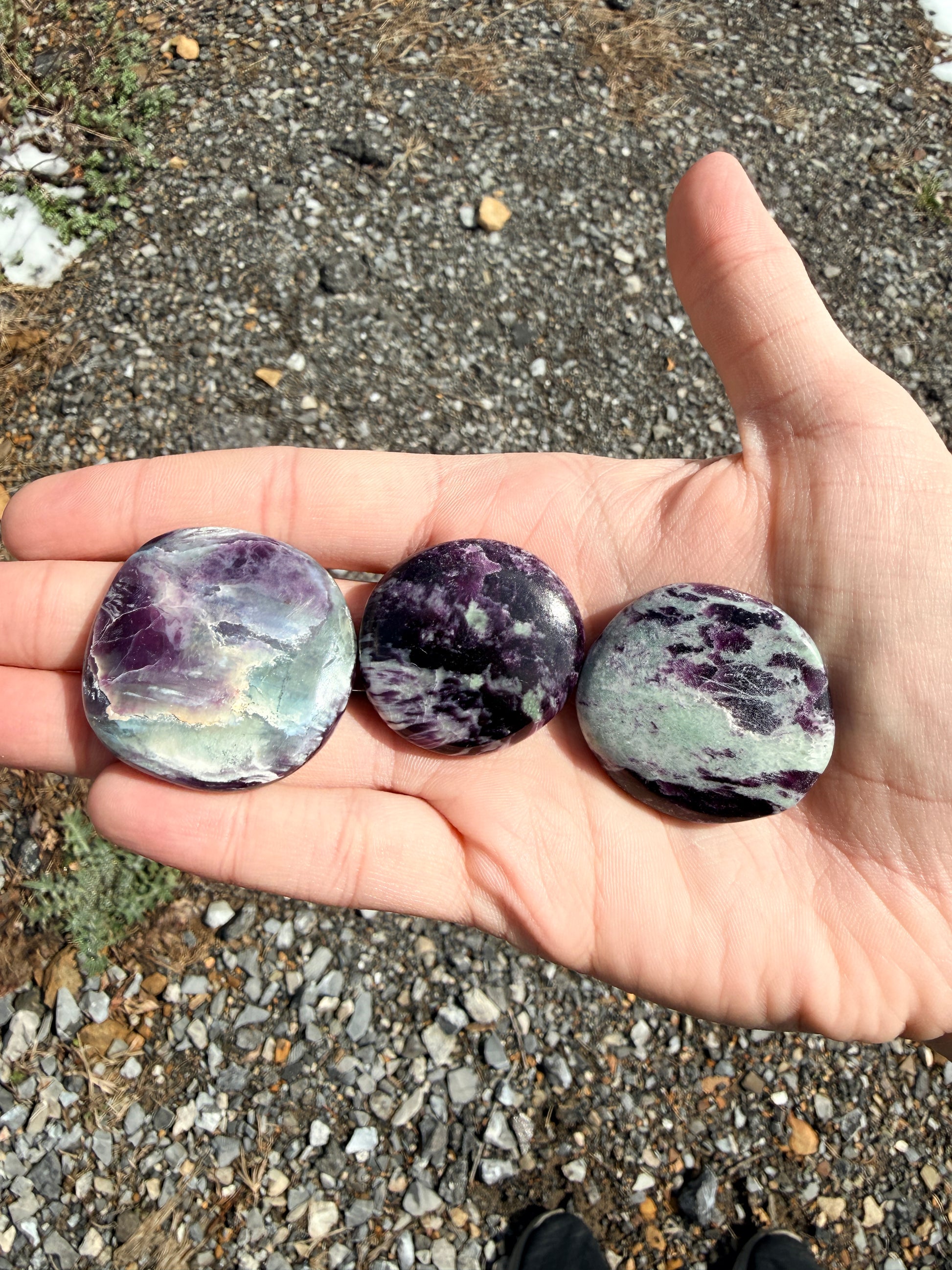 Hand holding three dark purple and light green kammererite palmstones with labels in front of gravel