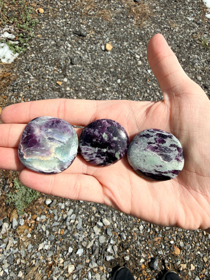Hand holding three dark purple and light green kammererite palmstones with labels in front of gravel