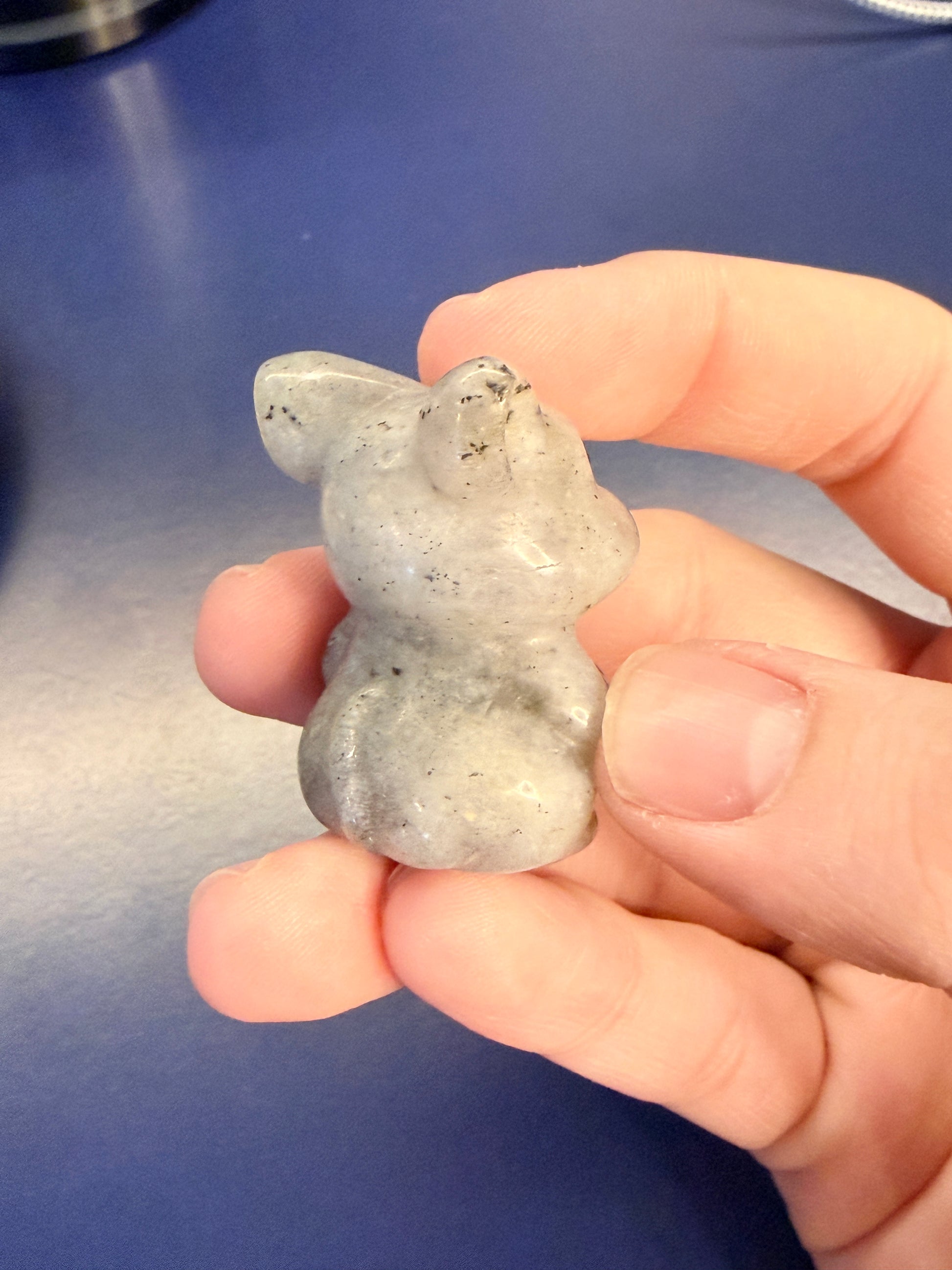 Hand holding a labradorite cartoon pig crystal against a blue background
