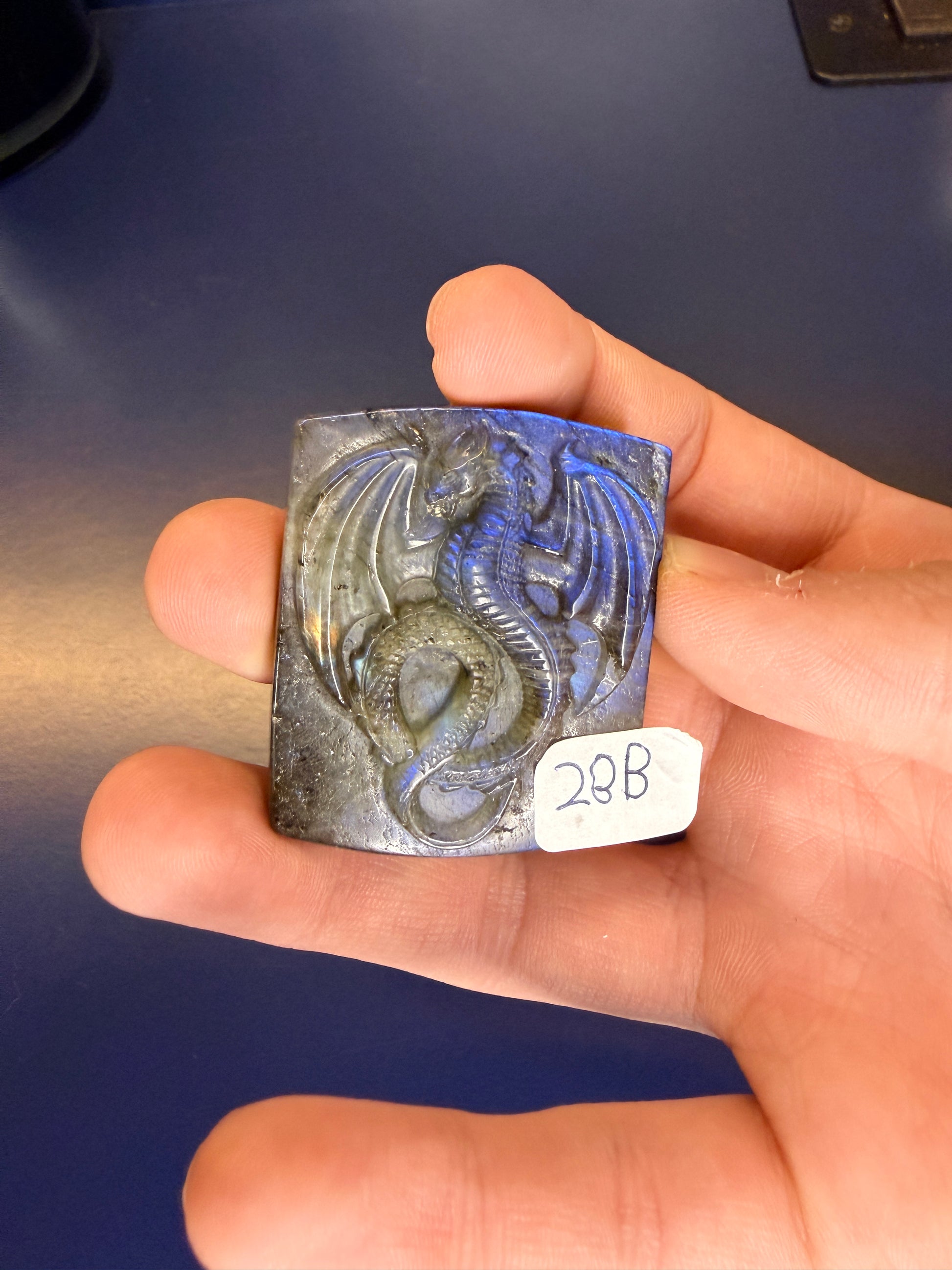 Hand holding a labradorite dragon slab with a bright blue flash on a blue background