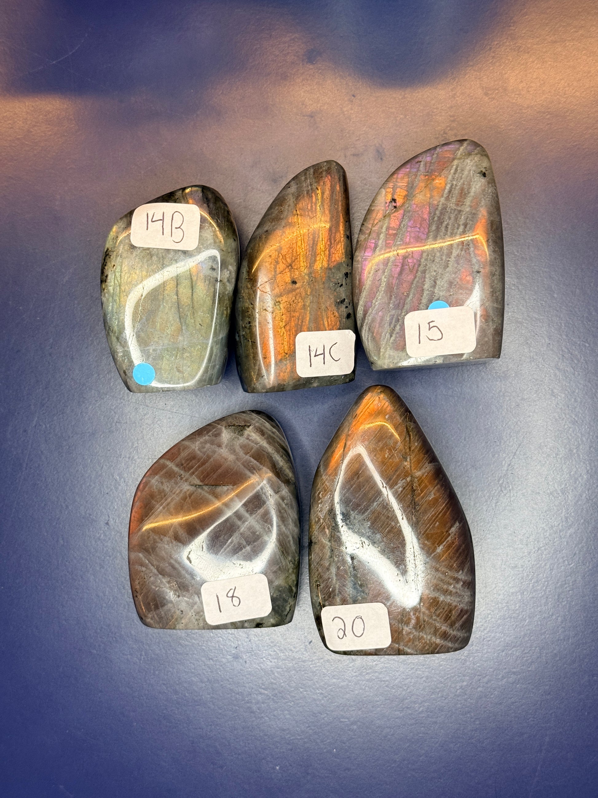 Five grey labradorite free forms with purple flash and numbered labels on a blue background