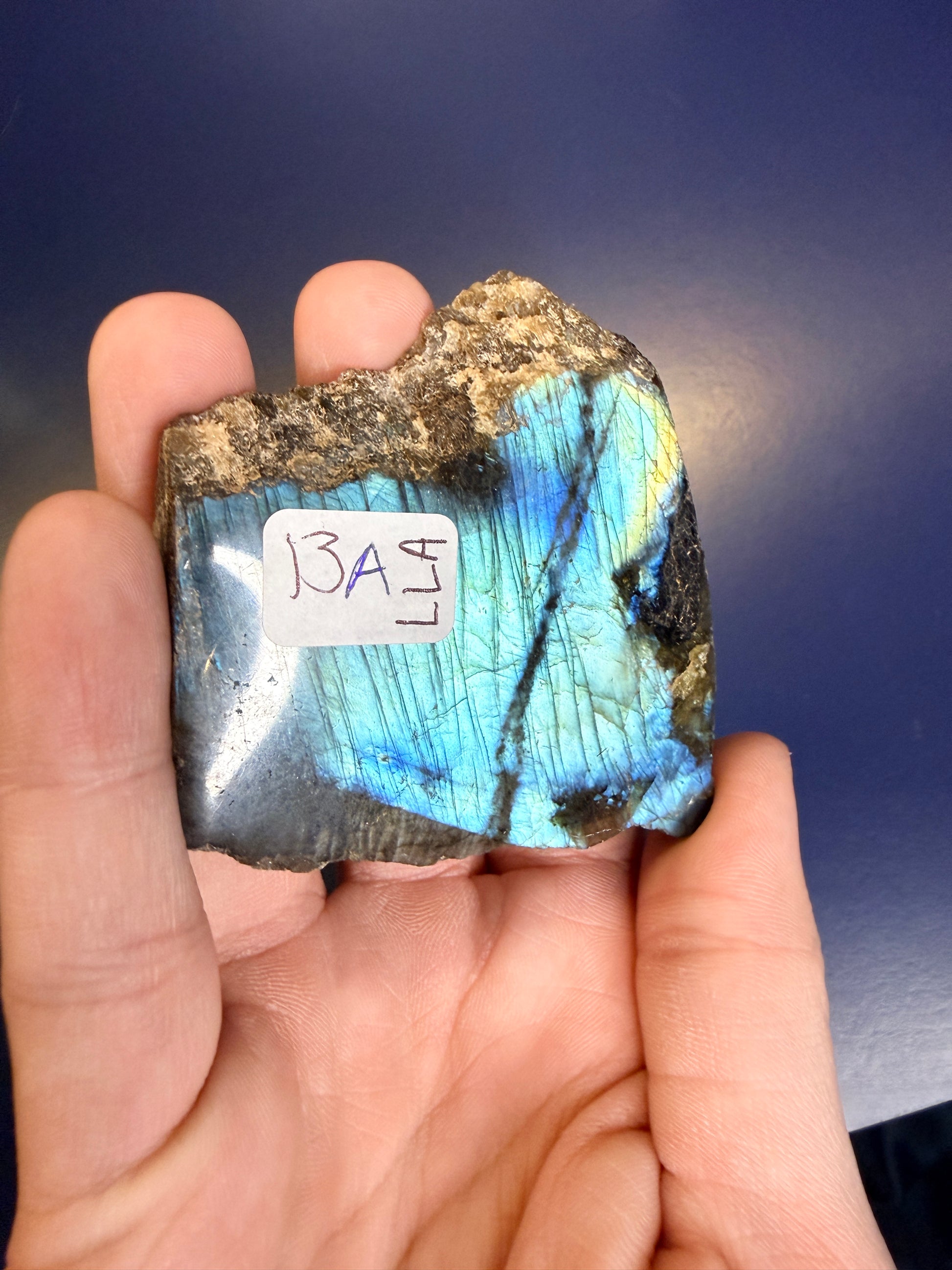 Hand holding a colorful labradorite stone with a label against a blue background
