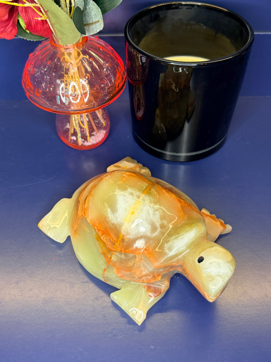 Green and brown green onyx turtle in front of a pink mushroom vase and black jar on a blue background