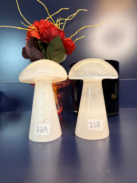Two white mushroom-shaped selenite in front of a red flower and black jar on a blue background