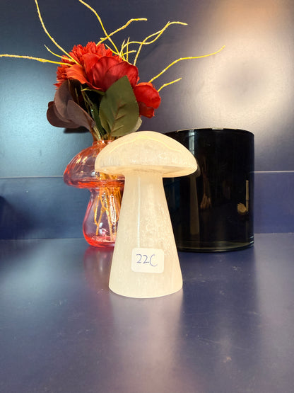 Two white mushroom-shaped selenite in front of a red flower and black jar on a blue background