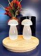Two white selenite mushrooms sitting on a decorative wooden coaster in front of a red flower and black jar on a blue background