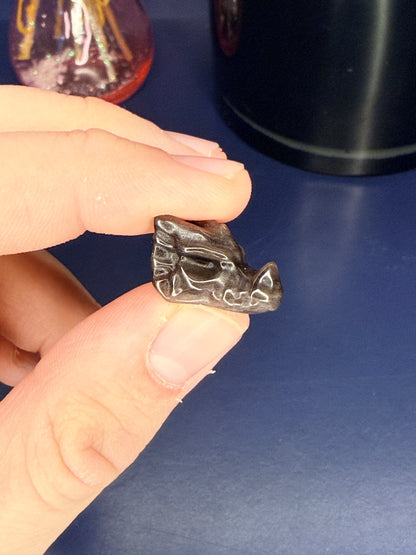 Hand holding a mini black obsidian dragon head carving in front of a pink vase and black jar on a blue background