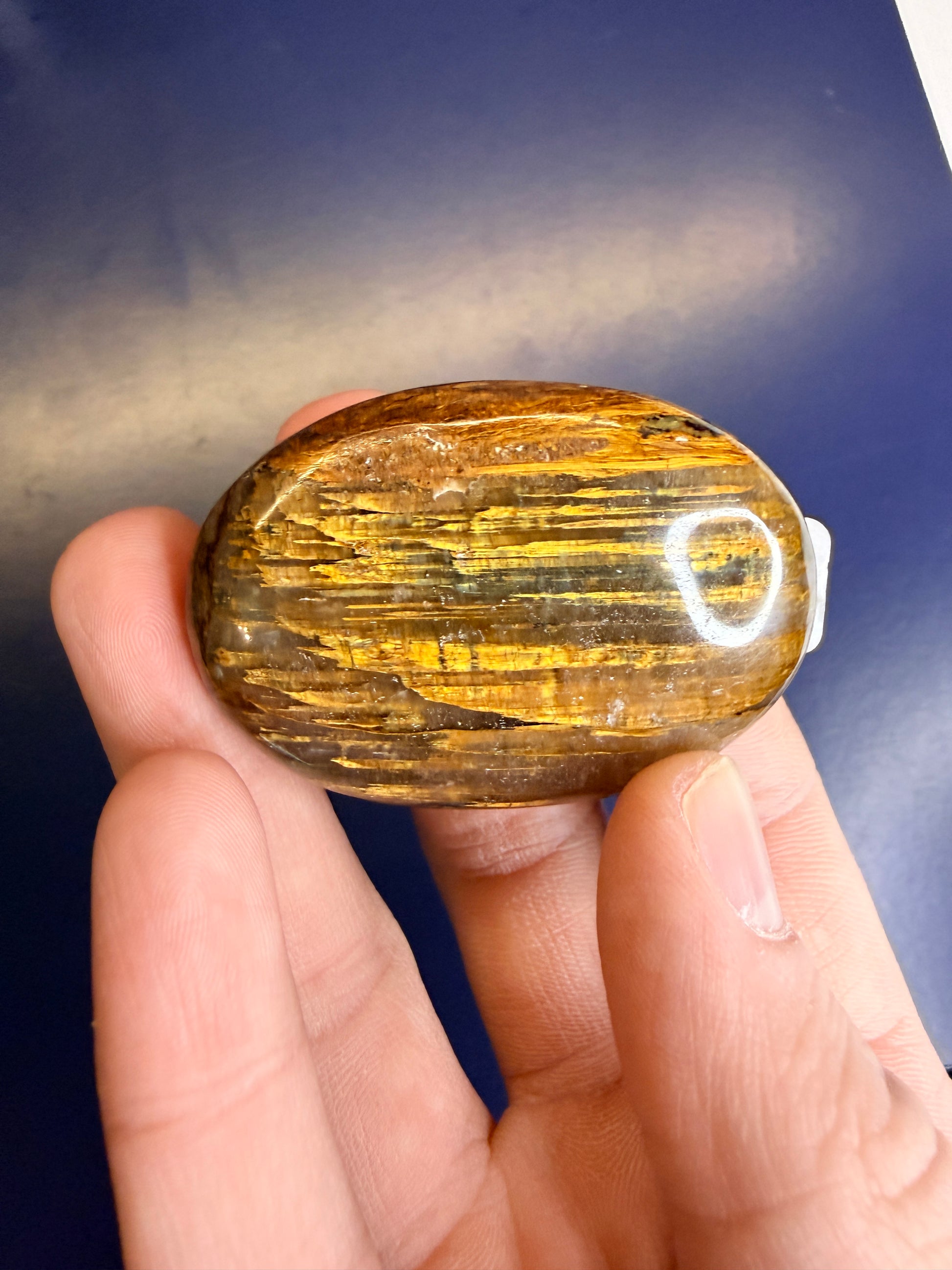 Hand holding golden nellite palmstone against a blue background
