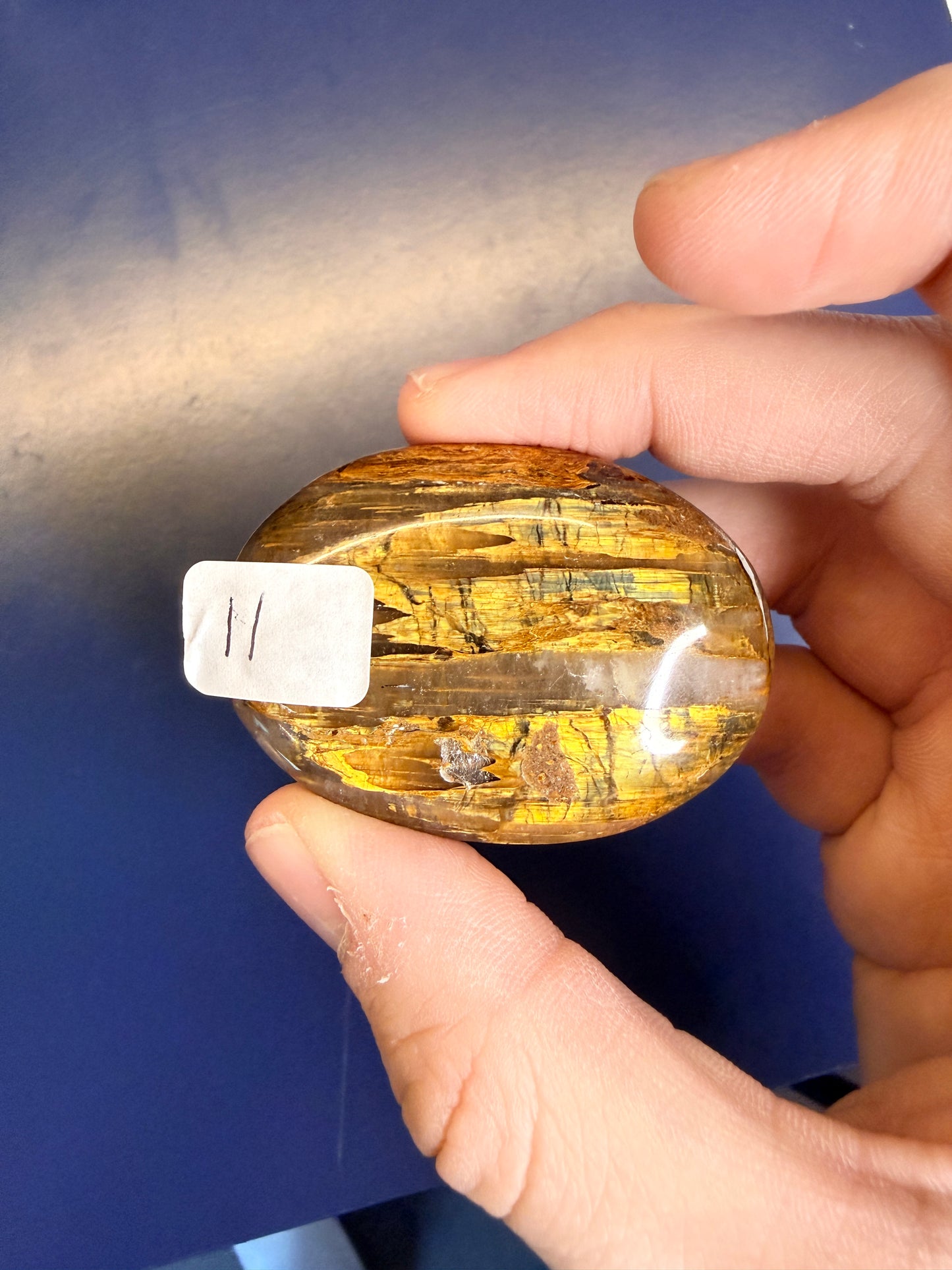 Hand holding golden nellite palmstone against a blue background