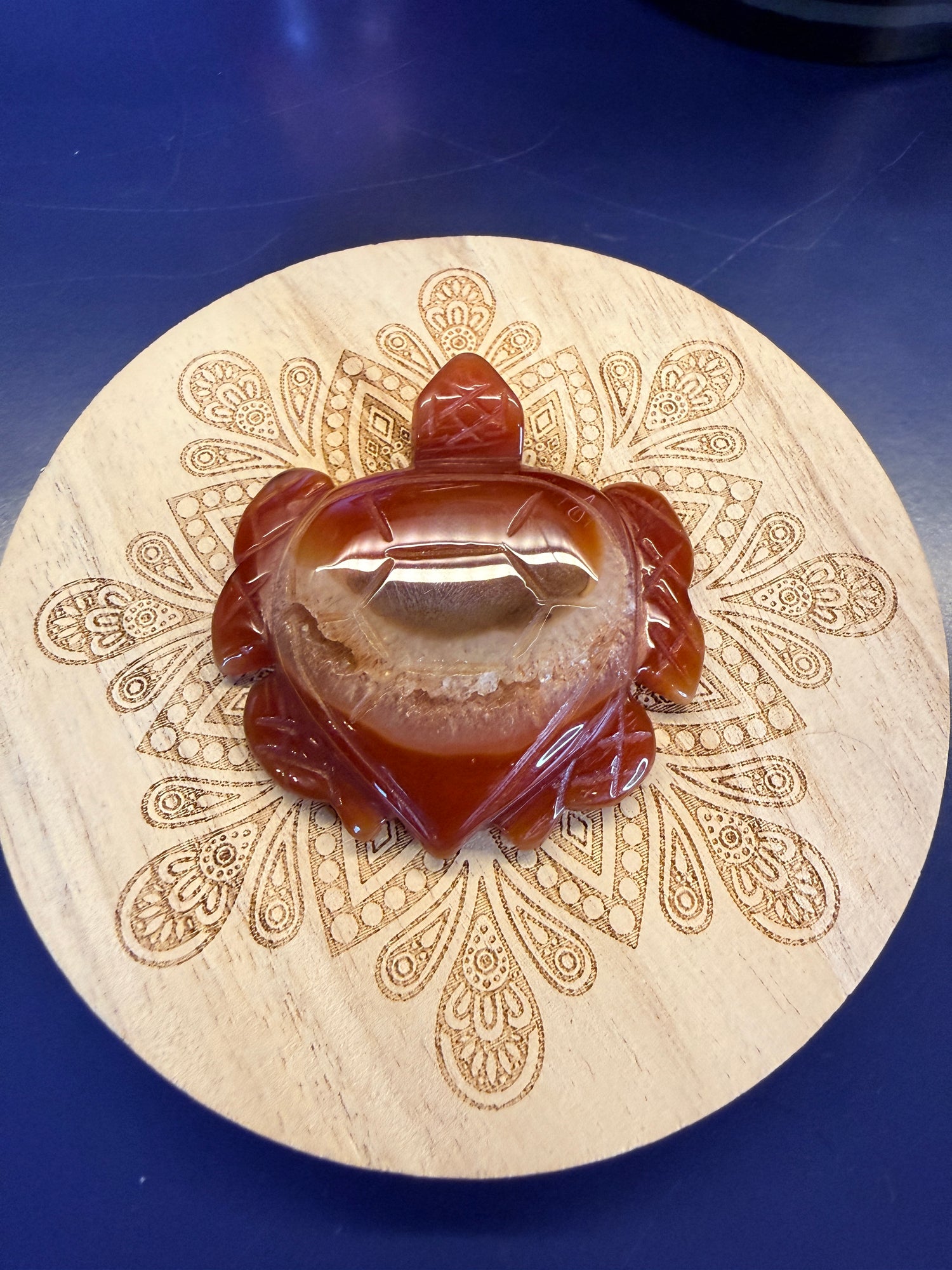 Red carnelian turtle sitting on a decorative wooden coaster on a blue background