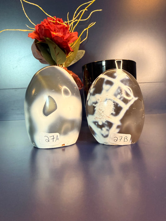 Two white and grey orca agate freeforms in front of a flower and black jar