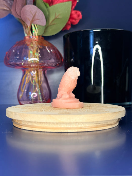Pink opal parrot carving in front of a pink vase and black jar on a wooden coaster against a blue background